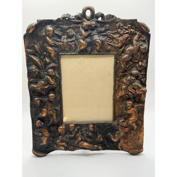 Vintage Ornate Cast Metal Picture Frame Cherub Floral Black Bronze Patina 4.5x6 - Picture 12 of 12